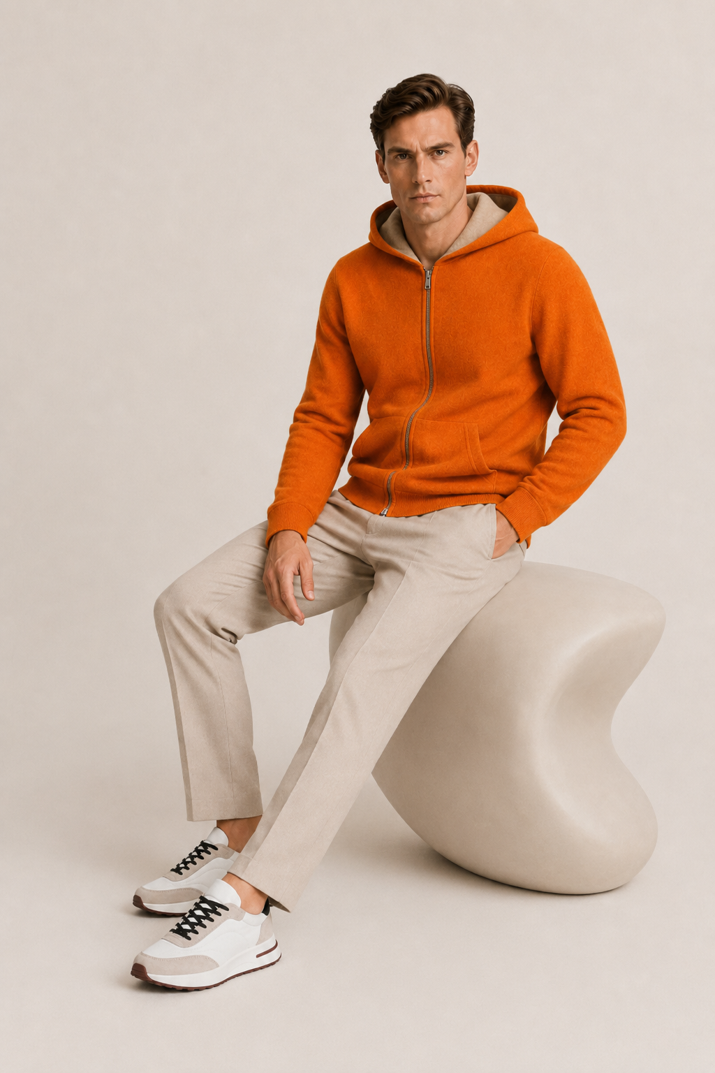 Reversible Hooded Zip Knit Beige & Orange