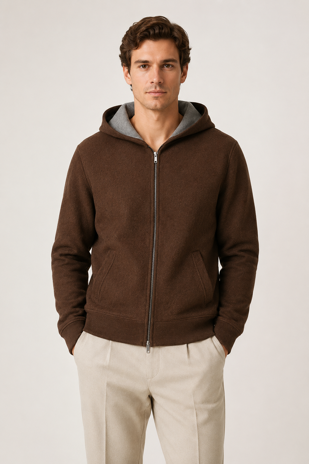 Reversible Hooded Zip Knit Brown & Gray