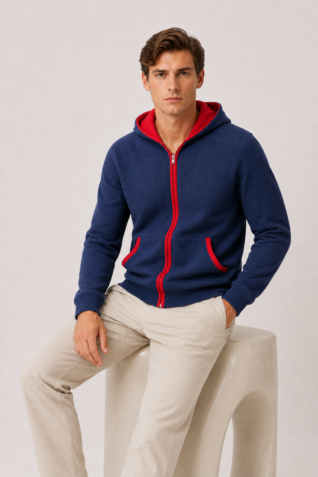Hooded Cardigan Navy / Red