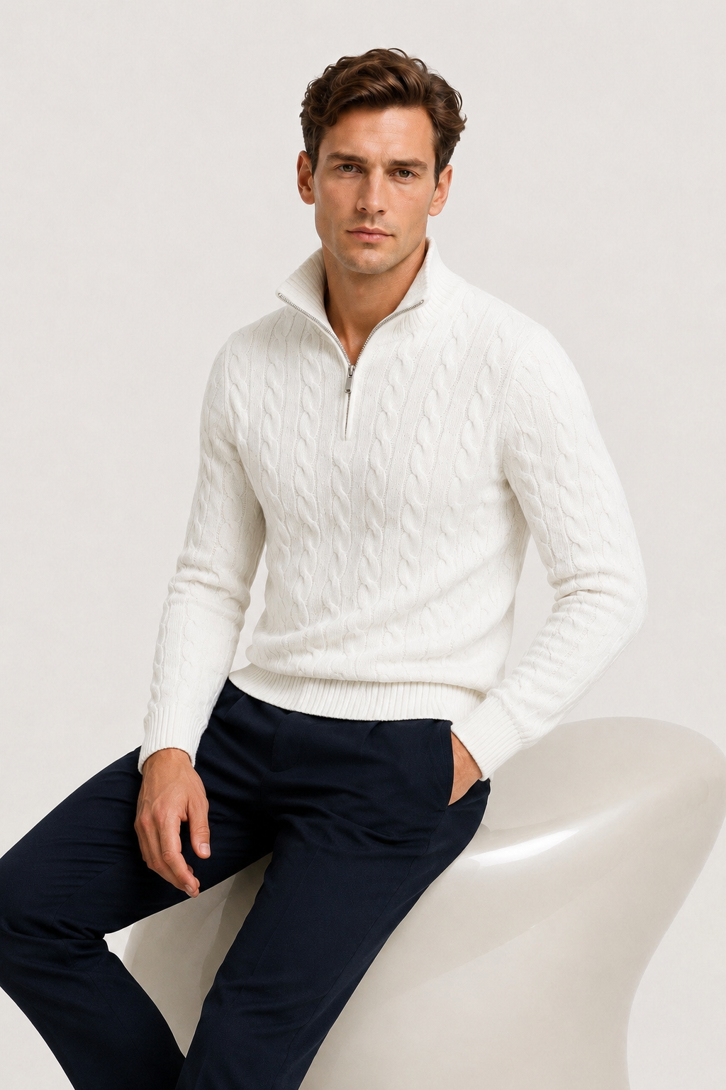 Classic Cable Quarter Zip White