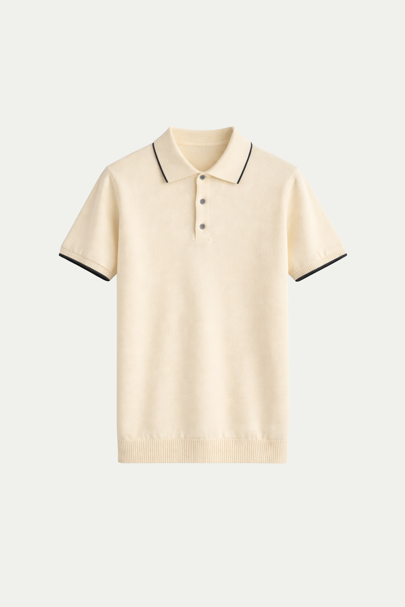 Fine Striped Knit Polo Beige