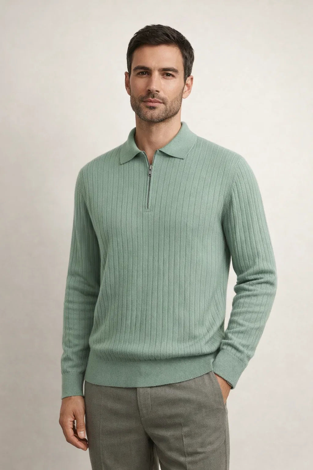 Ribbed Half-Zip Light Green