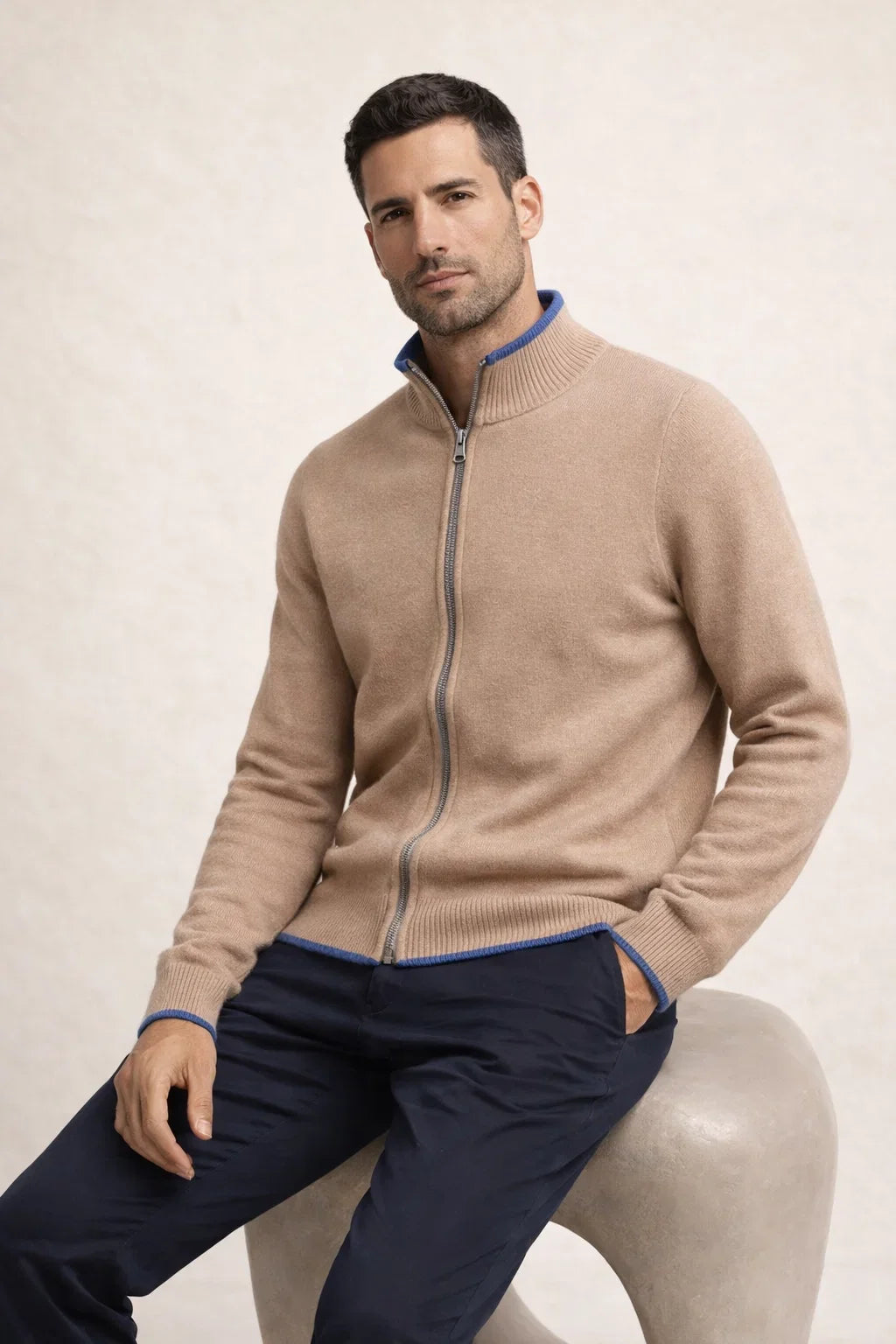 Refined Full Zip Knit Beige / Light Blue