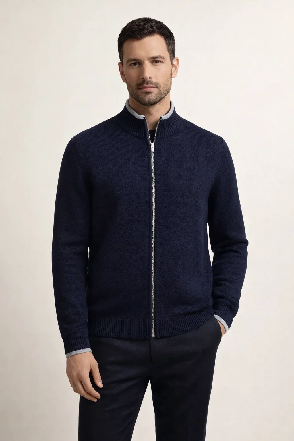 Refined Full Zip Knit Navy / Light Grey